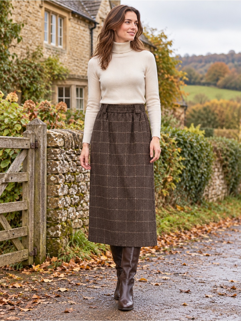 Vintage 90s J. Peterman Wool Windowpane Plaid Midi Skirt 16 Equestrian Academia